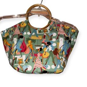 Colorful Neiman Marcus Women's Tote Bag with Wooden Handles